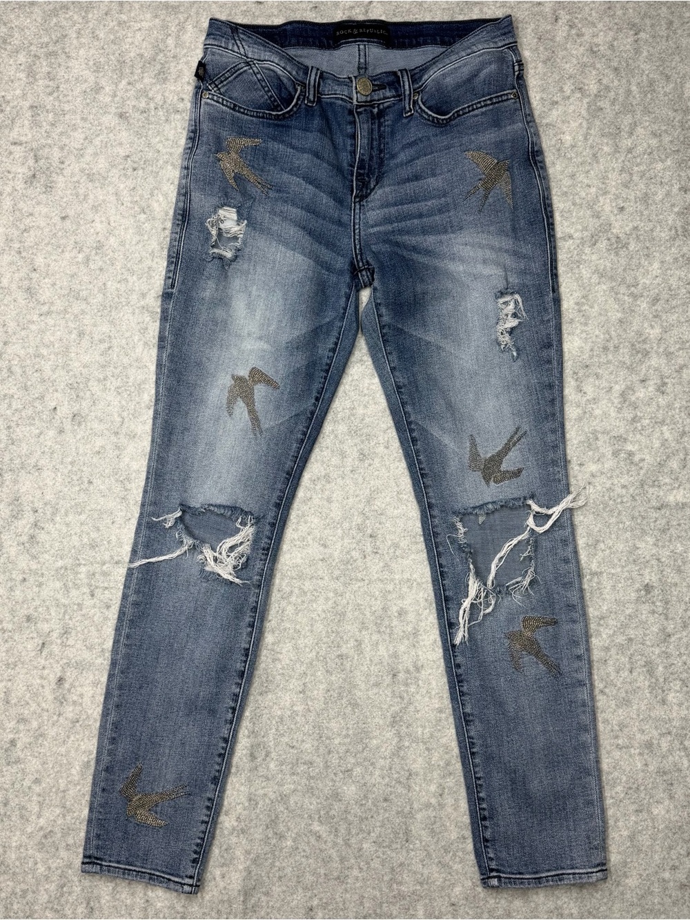 Rock & Republic Women Size 10 Denim Jeans Distressed Embroidered Bird Swallow